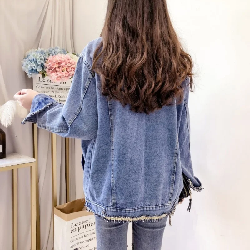 Tassel Fashion Long Sleeve Denim Coat Female Streetwear Autumn Loose Single Breasted Jean Jacket Harajuku Boyfriend Blue Outwear