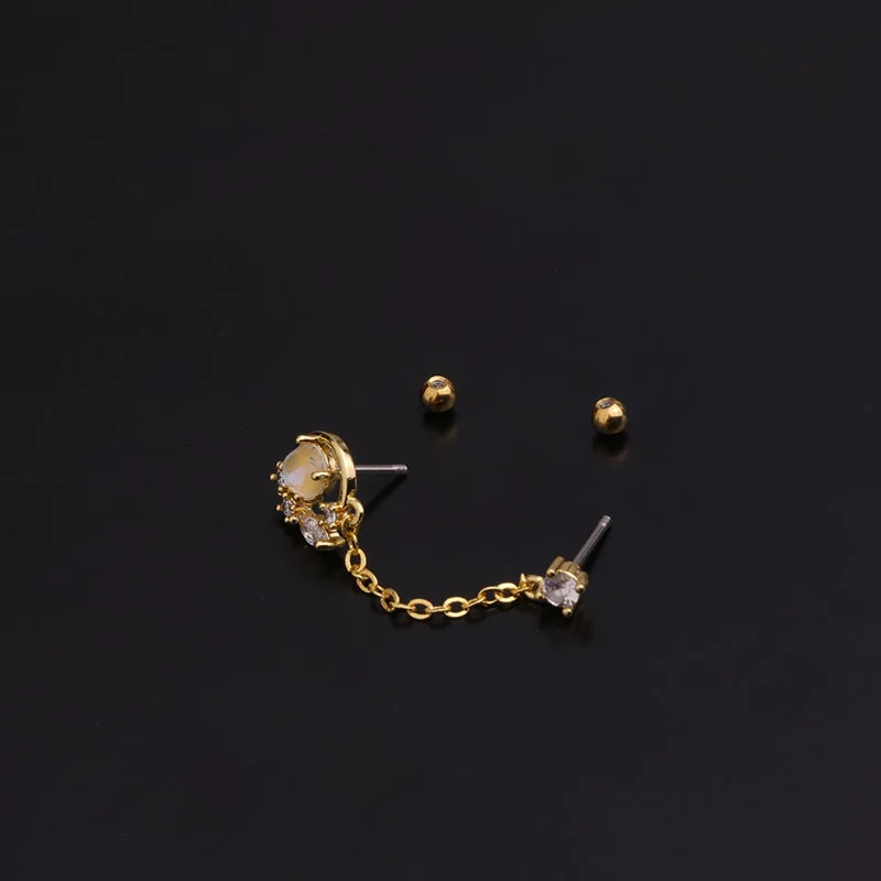 1 قطعة لطيف الحلو صغير جولة الزركون دائرة القرط مع سلسلة العصرية مزدوجة بار ثقب آذان الغضروف مسمار الكفة مجوهرات