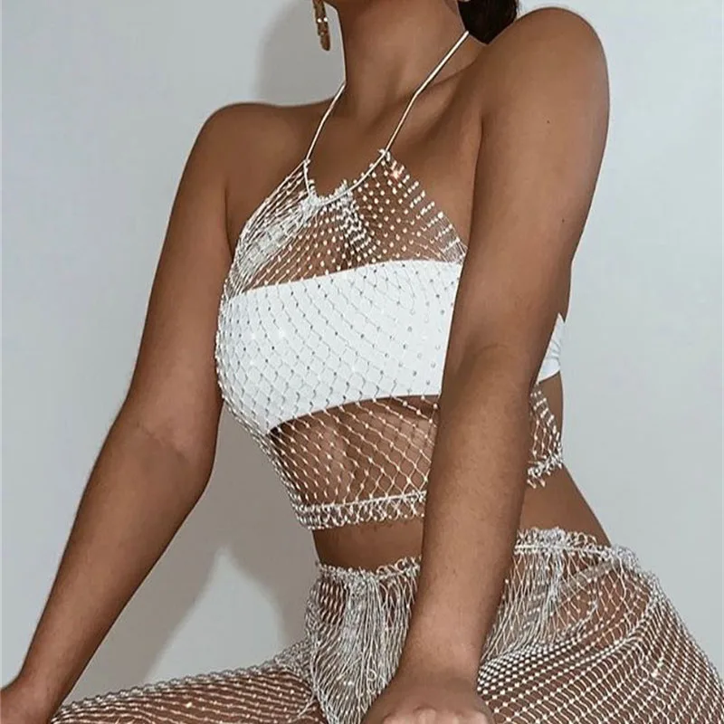 Summer New O Neck Solid Sleeveless Tank Tops Bling Rhinestone Crystal Fishnet Grid Sexy See Through Adjustable Bandage Crop Top
