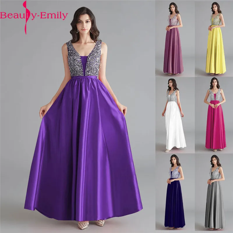 Làm Đẹp-Emily Satin Hồng Đậm Phù Dâu Váy 2020 Cổ Chữ V Nặng Đính Hạt Chữ A DỰ TIỆC CƯỚI Áo Form Rộng Phối Áo Dây De soiree