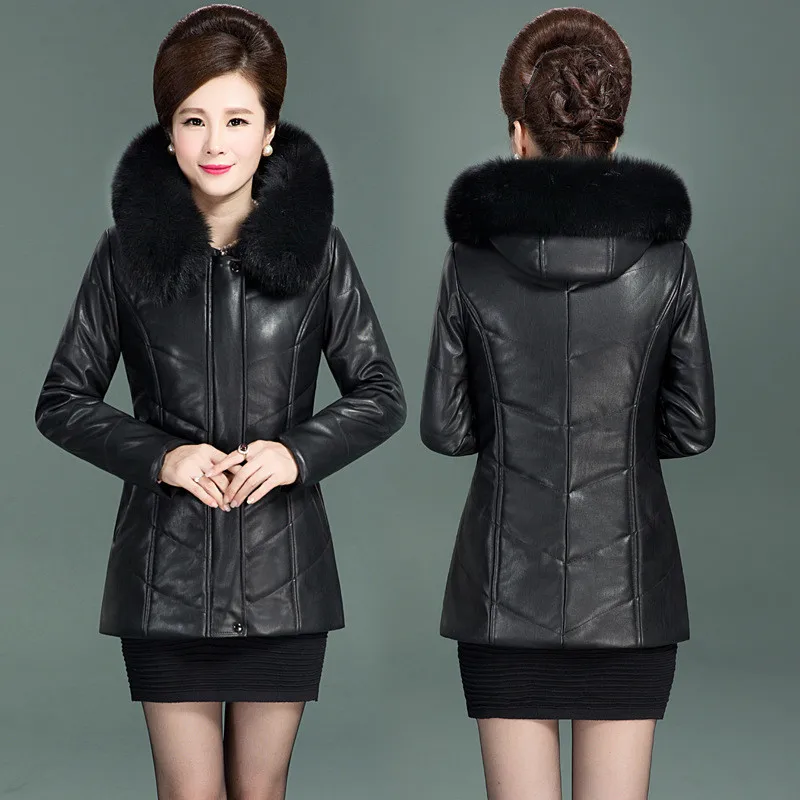 Middle aged Women\'s Leather Jacket Winter New Thicken Warm Slim Big Fur Collar Mid-length Leather Coat Female Outerwear 6XLA151