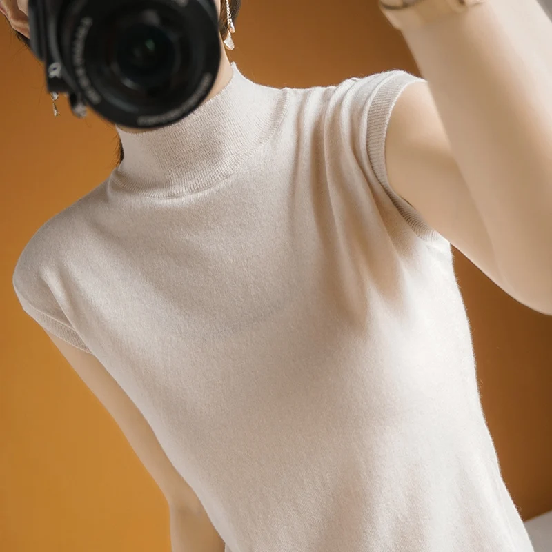 Women Silk Solid Color Tops 2021 Classic Summer Wild T-shirts Female Basic Loose Fashion Turtleneck Sleeveless Chiffon Shirt