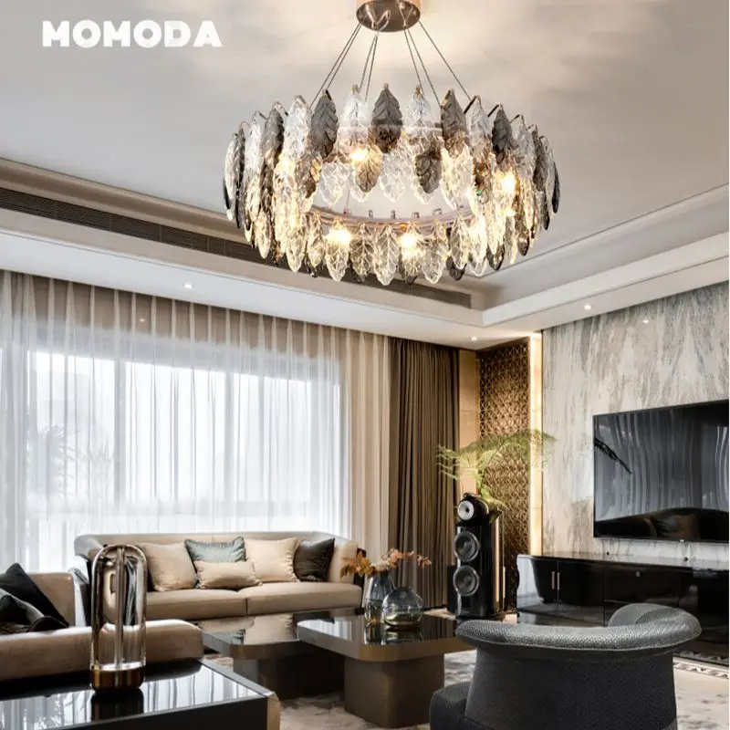 Luxury LED Chandeliers Lighting Postmodern Crystal Metal Round Rectangle Leaf Lamps Lustre Bedroom Living Room Lights Lustre