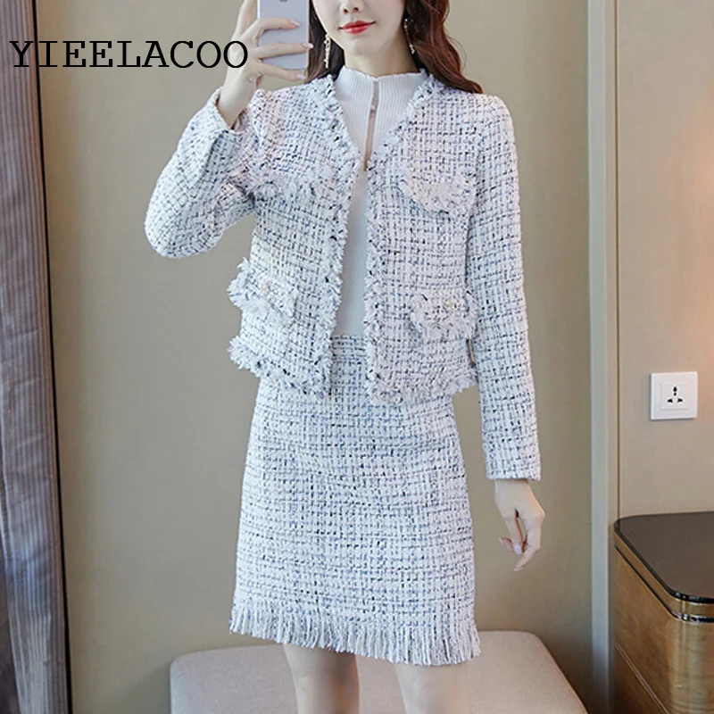 Imagem -04 - Xadrez Terno Profissional Tweed Jaqueta Mais Saia Terno Outono Inverno Jaqueta Feminina Senhoras de Negócios Peça Saia Elegante Conjunto Branco