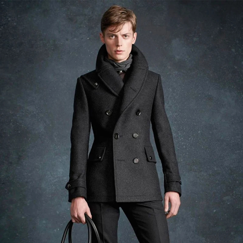 Men\'s woolen coat Paris show handsome military style double row autumn and winter youth mid-length woolen trench coat