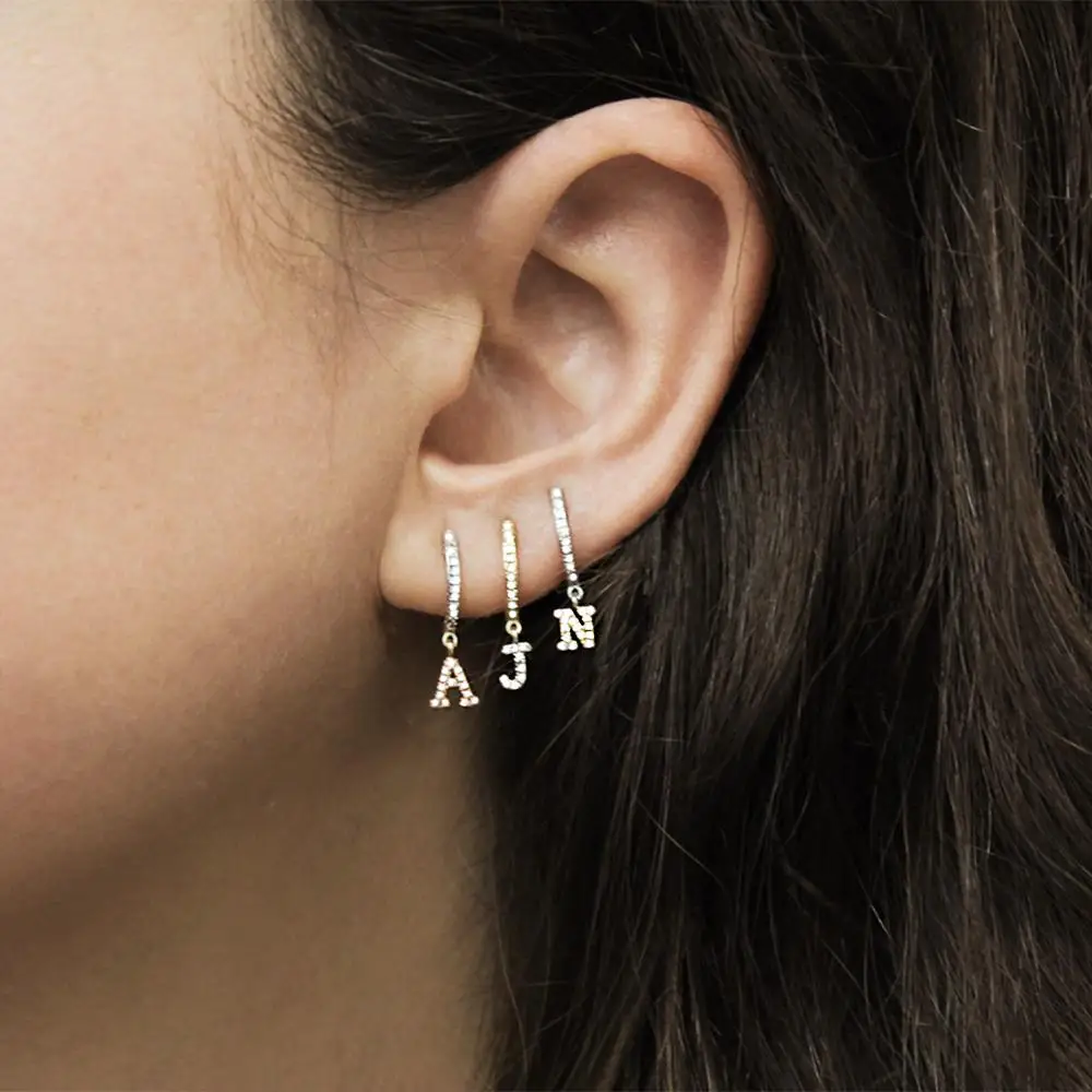 Personality fashion 1 piece 2 color clear cz 26 Initial charm circle dangle drop earring  name letter Alphabet earrings