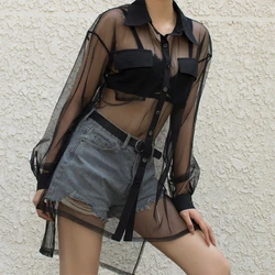 2023 Spring and Summer New Breasted Mesh Transparent Dress Black Sexy Suit Collar Mid-length Beach Blouse Split Irregular Top