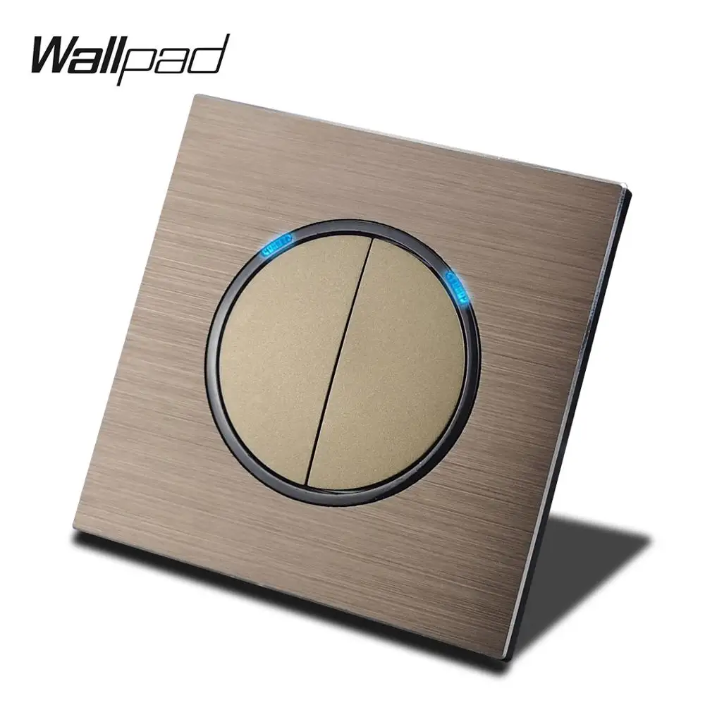 L6 Series Single 2 Gang Wall Light Switch Round Design Brown Aluminum Panel With Blue LED Indicator