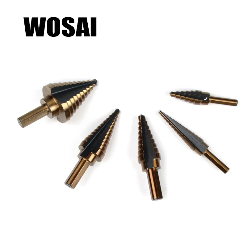 WOSAI 5pcs HSS Cobalt Step Drill Bit Set Titanium Cone Drill Hole Cutter Bit Multiple Hole 50 Sizes Step Drill Bit Power Tool