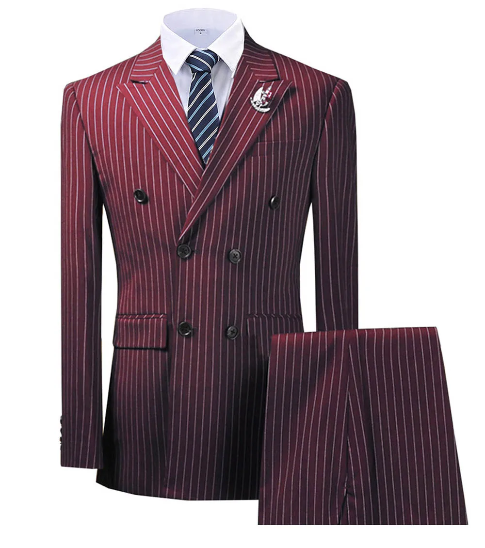 Olive Green Men's Suit 2 Pieces Pinstripe Notched Lapel Tuxedos Slim Fit Groomman For Wedding New Burgundy,BLACK（blazer+pants）