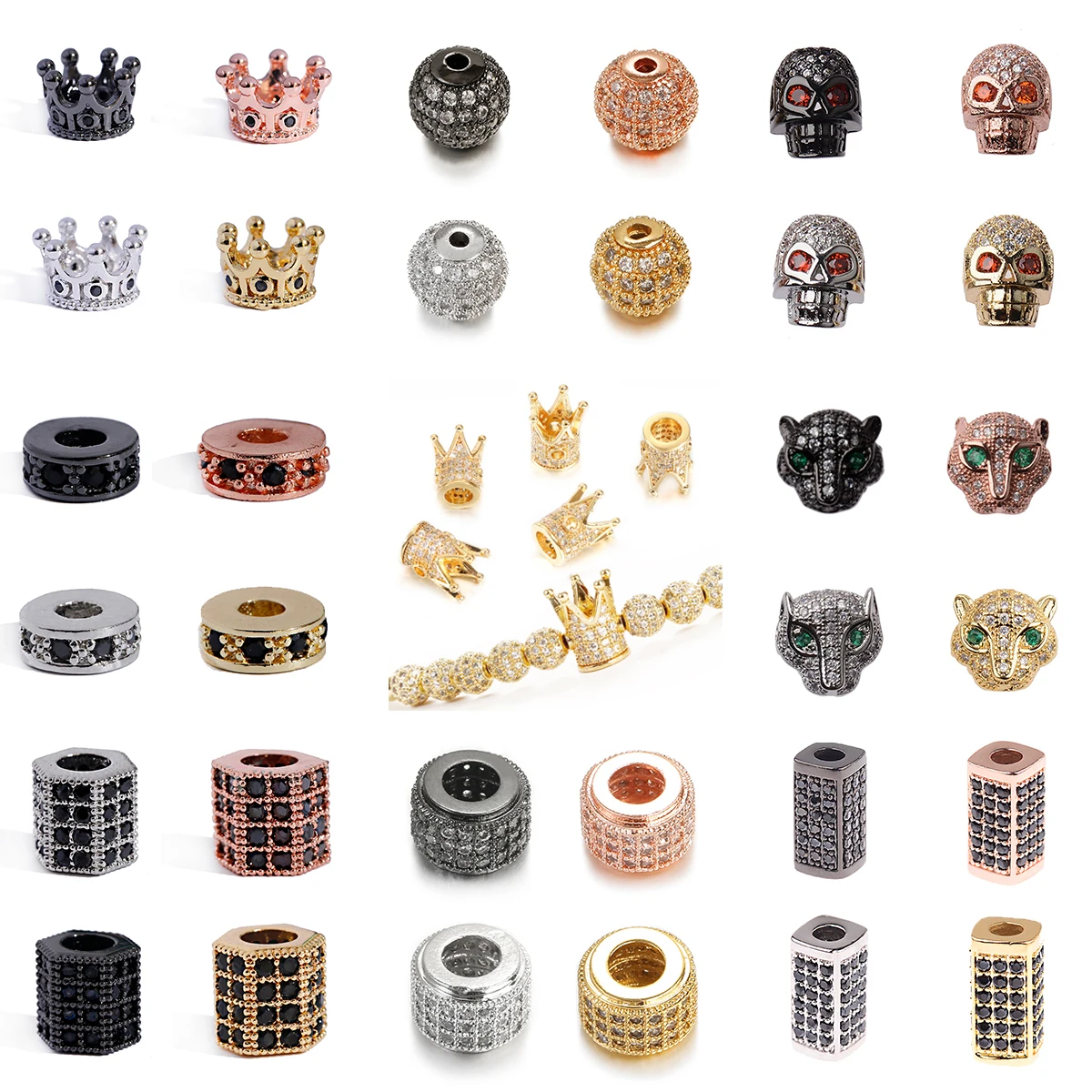 2pcs/Lot Copper Spacer Beads Micro Pave CZ Zircon Crown Skull Round Ball Charms for Beaded DIY Making Bracelet Accessories