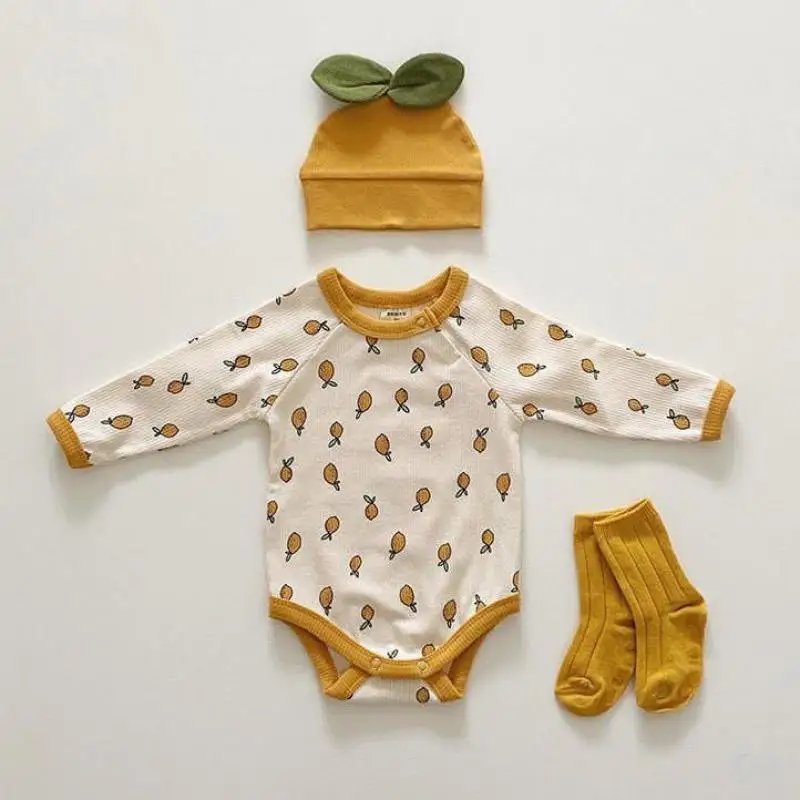 Newborn Baby Girl Boy Bodysuit Cotton Autumn Lemon Print Jumpsuit Long Sleeve Baby Bodysuit With Hat 2pcs Baby Clothes Outfits