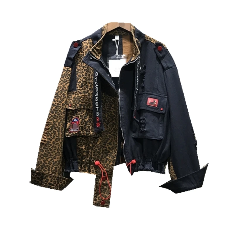 

Personalized Leopard Denim Jacket Female Spring 2024 New Stand Collar Zipper Loose-Fit Leopard Lettering Jeans Jacket Ropa Mujer