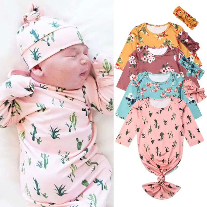 Newborn Baby Girl Swaddle Blanket Sleeping Bag Swaddle Muslin Wrap+Headband Set Support wholesale