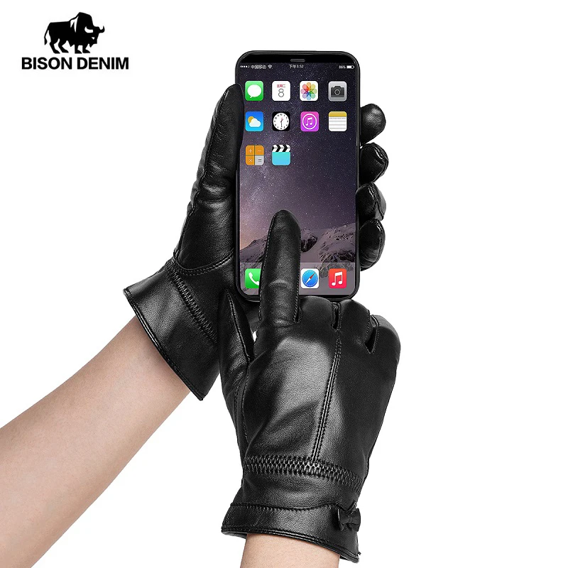 BISON DENIM Genuine Sheepskin Leather Women Warm Gloves Autumn  Winter Thicken Touch Screen Fashion Gloves for Female S017