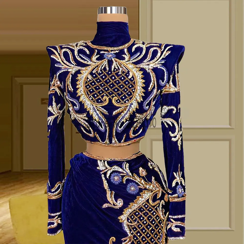 Dubai Two Pieces High Neck Evening Dresses Royal Blue Muslim Long Sleeve Luxury Embroidery Evening Gowns Formal Dress