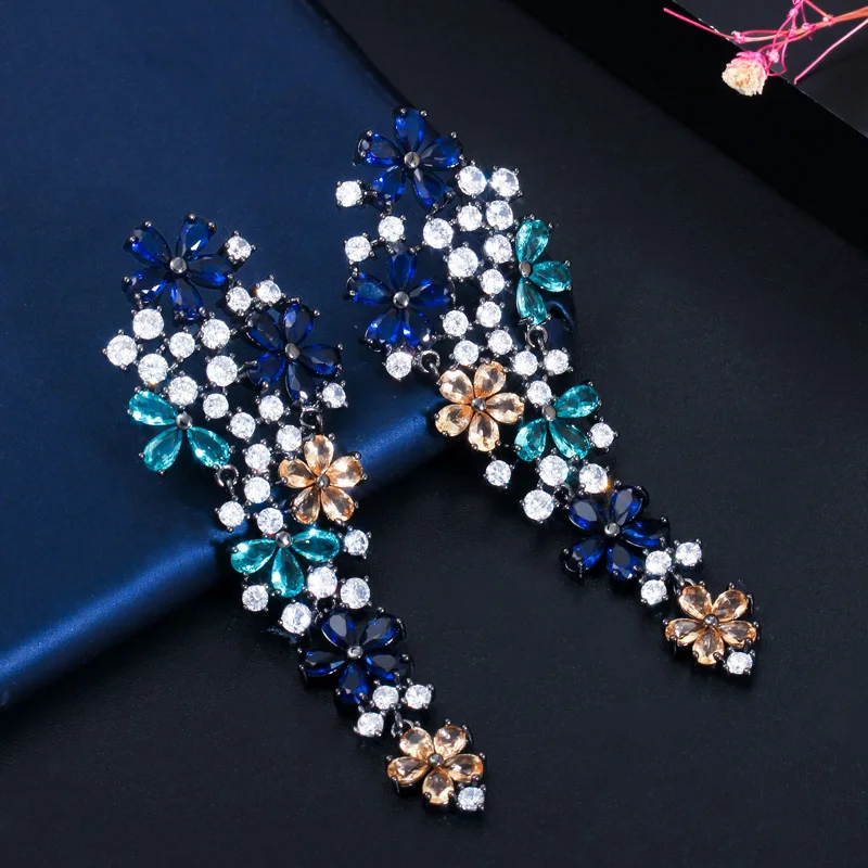 CWWZircons Lange Blumen-Ohrringe mit mehrfarbigem blauem Zirkonia für Damen, modischer Statement-Schmuck für Hochzeit und Party, Großhandel E0382 – Detail 6