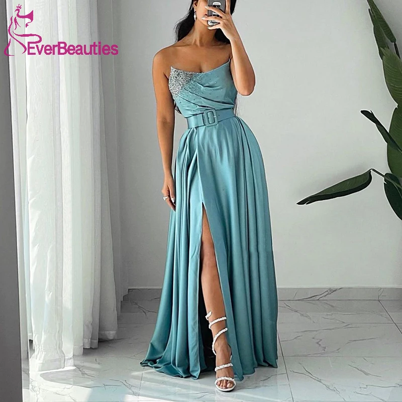 Prom Dresses Long Satin Beads Front Slit Prom Gowns Saudi Arabic Women Formal Dress Abendkleider 2022 Kristall