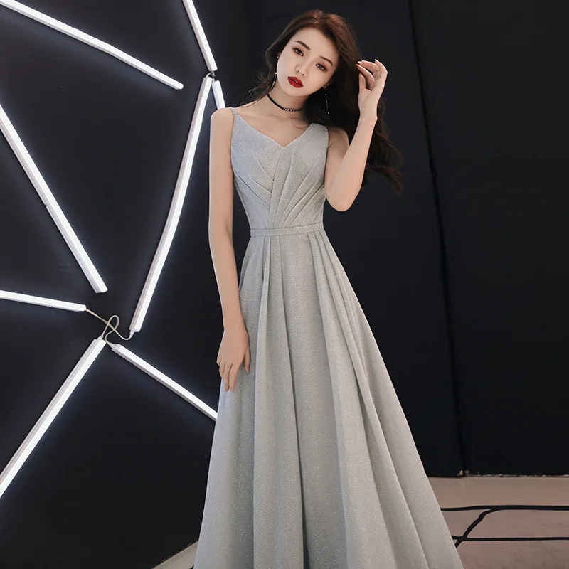 

2020 New Sexy Evening Dress Spaghetti Strap A-line Prom Dresses Back Lace Up Silver Long Party Dress Robe De Soiree