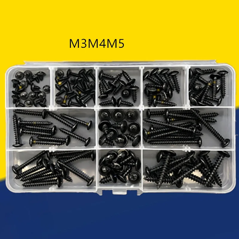 130PCS Large Flat Head Self-Tapping Screw Black Hardened Mushroom-Shaped Haircut Umbrella Cross  round   Set