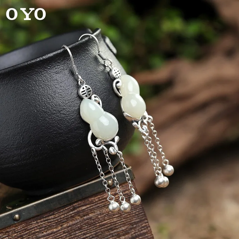 S925 sterling silver inlay and Tianyu white jade gourd personality temperament ladies tassel earrings free shipping