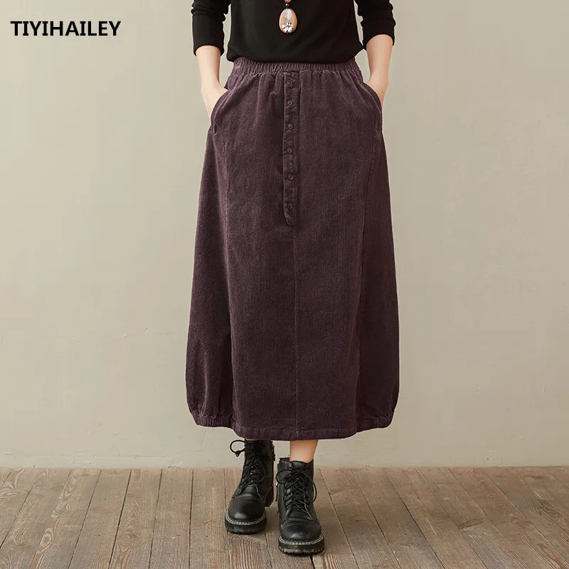 

TIYIHAILEY Free Shipping Fashion Long Mid-calf Bud Skirts Women Elastic Waist Autumn Corduroy Winter Black Buttons High Quality