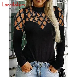 Hollow Out Sexy Sheer T Shirt Women Top Long Sleeve T-shirt Lady MESH Black BustierTshirt Korean Clothes Female Gothic Tee Shirt