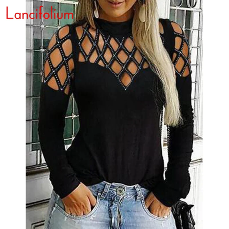 Hollow Out Sexy Sheer T Shirt Women Top Long Sleeve T-shirt Lady MESH Black BustierTshirt Korean Clothes Female Gothic Tee Shirt