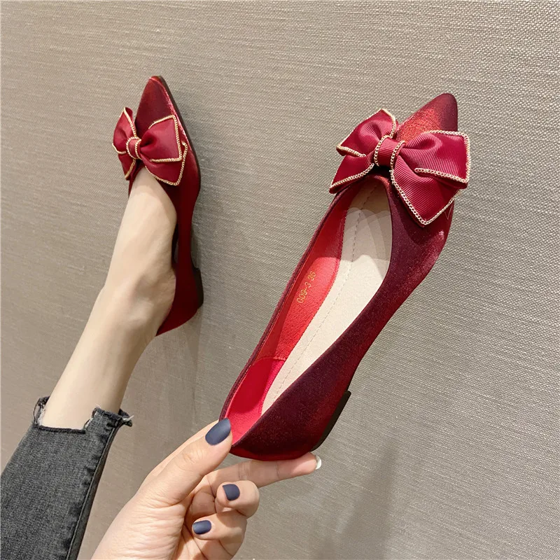 Women Flats Wine Red Pointed Toe Shallow Mouth Butterfly-knot Wedding Shoes Soft Bottom Large Bride\'s Flats with Bowknot 33 34