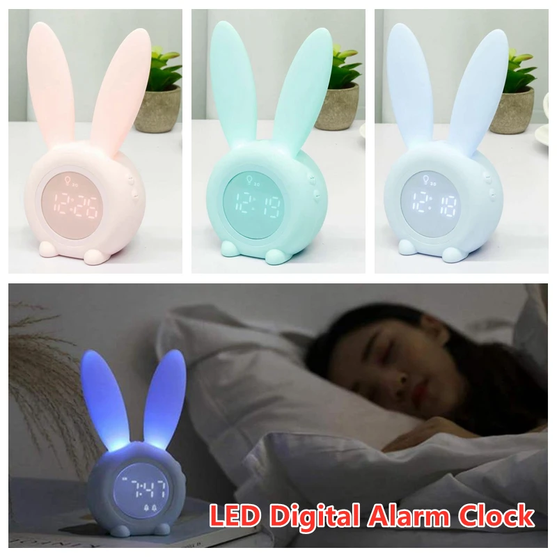 Bunny Ear LED Digital Alarm Clock Electronic LED Display Sound Control Cute Rabbit Night Lamp Desk Clock For Home Decoration