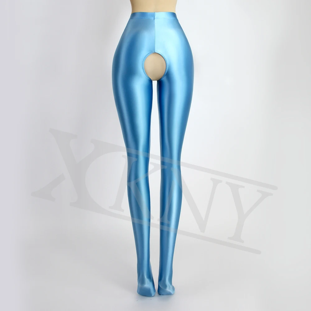 XCKNY Open crotch pants satin oil glossy opaque pantyhose wet look tights sexy stockings Japanese glossy slim high pants Unisex