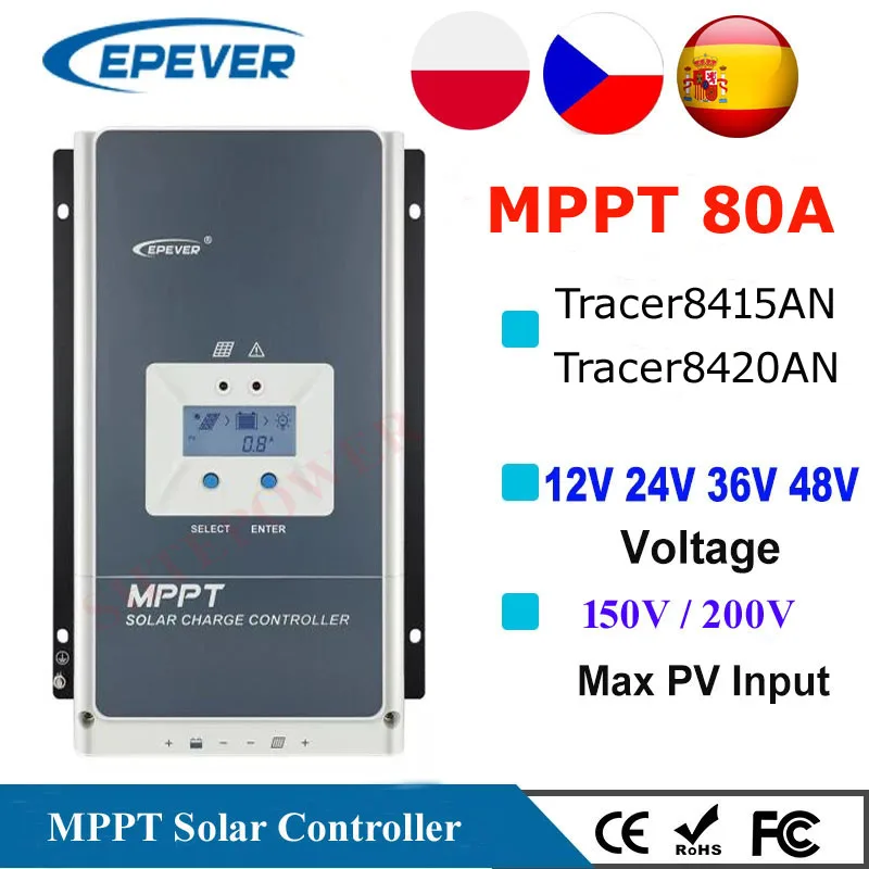 EPever MPPT 80A Solar Charge Controller 12V 24V 36V 48V Max 150V 200V PV Input Real Time Record Charging Controller Tracer8420AN