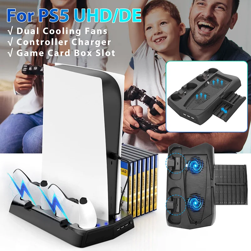 

Vertical Stand Dock for PS5 Console and Controller, Dual Fan Cooling Charging Dock Station Compatible with PlayStation 5 PS5 UHD