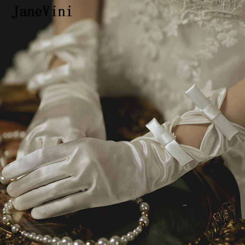 JaneVini 2020 Elegant Ivory Long Wedding Gloves Opera Length Satin Full Finger Glove for Women Bridal Gloves Wedding Accessories