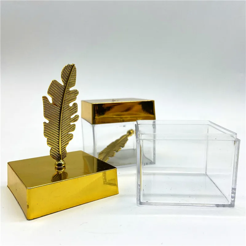 Transparent Gold Top Lid Feather Plastic Candy Box, Birthday Party, Baby Shower Gift, Wedding Favor, Home Decor, 5*5cm, 24Pcs