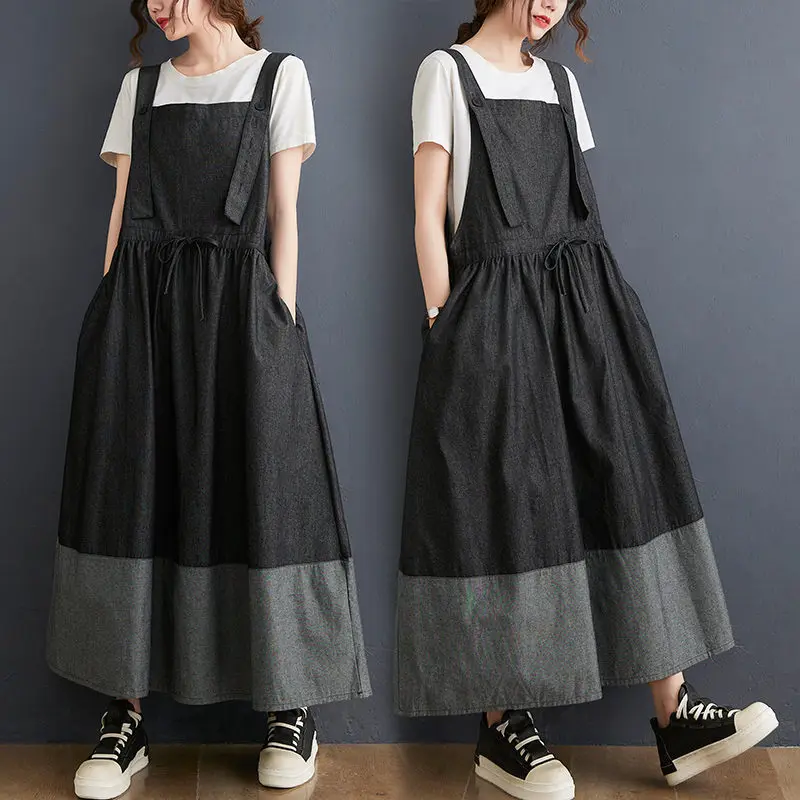 2021 Summer Clothing For Women New Retro Large Size Loose Denim Color Matching Strap Dress Mid-Length Casual Female Vestido M304