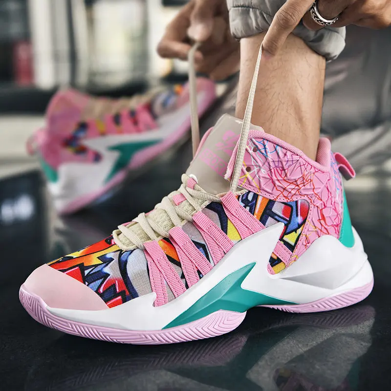 Fashion Pink Graffiti Men's Basketball Sneakers Print Sports Shoes Men High Top Non Slip Basketball Shoes Men chaussure basket