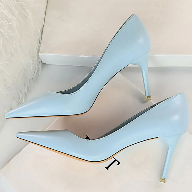 2023 Sweet Women 7.5cm High Heel Soft Leather Party Pumps Scarpins Female Yellow Pink Blue Heels Wedding Shoes Stiletto Big Size