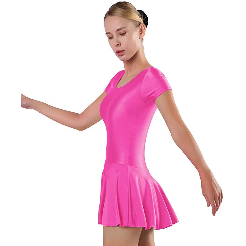 SPEERISE Women Short Sleeve Ballet Dance Skirted Leotard One Piece Bodysuit with Skirts Scoop Neck Gymnastics Dress Stage Wear