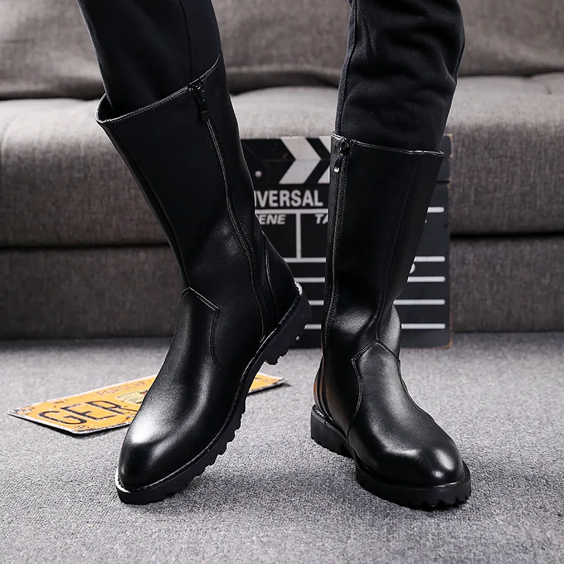 Winter Men Motorcycle Boots Mid-Calf Punk Rock Punk Shoes Mens Leather Black High top Casual Boot Man Zapatillas Hombre