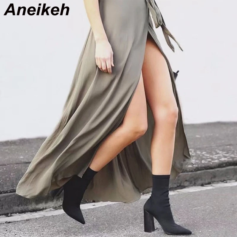 Aneikeh Fashion Ankle Boots for Women Pointed Toe Sock Boots Square High Heel Boots Shoes Woman Slim Stretch Bota Feminina 41