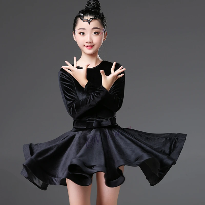 Velvet Long Sleeves Latin Dance Dress For Girls Children Kids Competition Ballroom Tango Salsa Dancewear Practice Wear Cha Cha