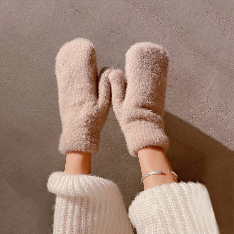 Simple Style Knitting Wool Plus Velvet Thicken Full Finger Women Winter Mittens Gloves Hairy Cute Lovely Sweety Keep Warm Soft