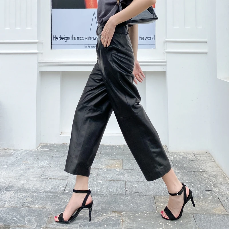 Women Genuine Leather Cropped Trousers Mujer Sheepskin Wide Leg Straight Pants Black High Waist Pantalon Pour Femme Belt Pockets