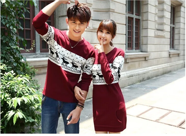 SMTHMA 2021 New Winter Runway Men's /Women Long Sleeve Wine Red Pullovers Matching Deer Couple Christmas New Year Sweaters