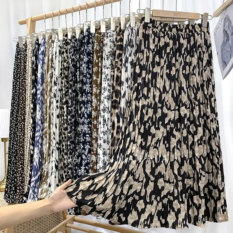 Croysier Fashion Elegant Vintage Leopard Print Pleated Skirt Elastic High Waist Long Skirts For Women Summer Chiffon Midi Skirt