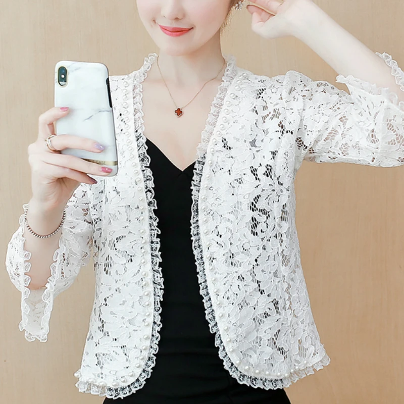 Women\'s Jackets 2024 Fashion Flare Sleeve White Jacket Women Jacket Beading Hollow Lace Jacket Women Coat B891