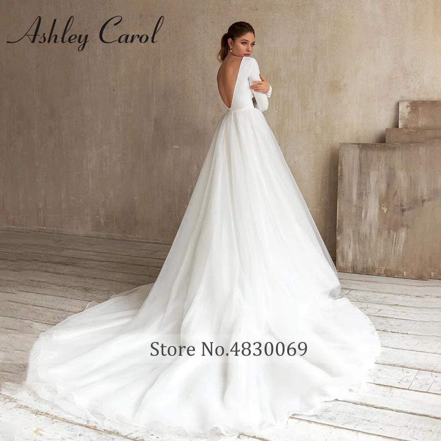أشلي كارول وصول جديد الخامس الرقبة العروس الساتان كم طويل الأميرة ذيل شابيل ثوب الزفاف Vestidos De Novia
