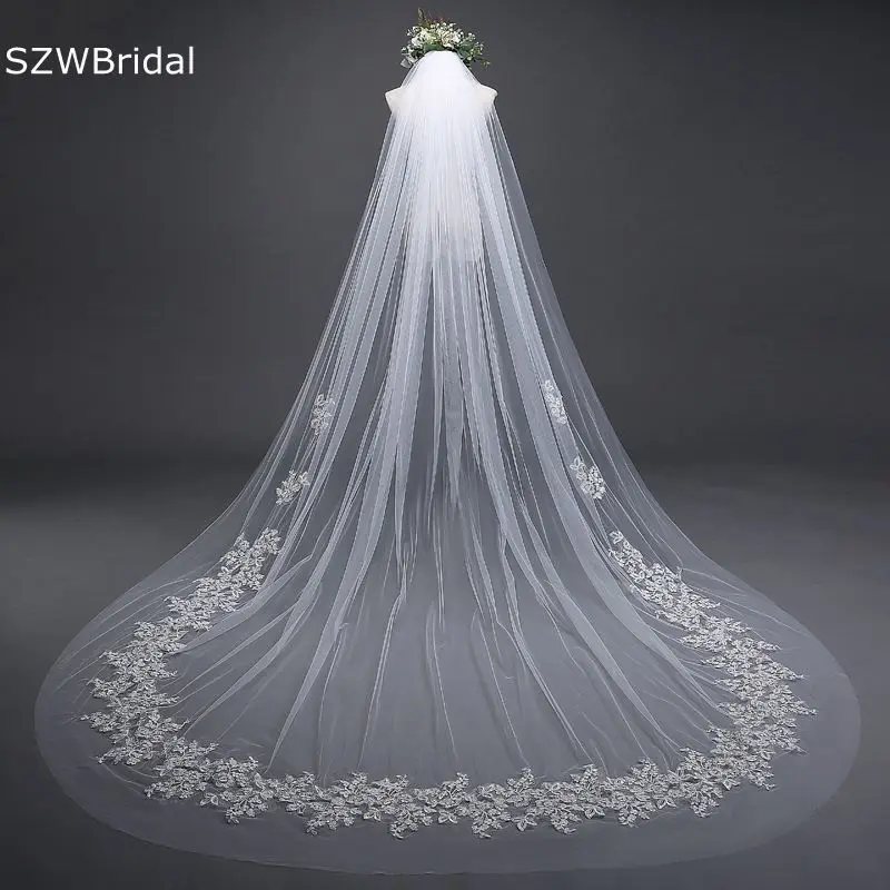 New Arrival Lace Applique Cathedral Wedding veil with Comb Wedding accessories Mariage Matrimonio Vail Ivory bride veil