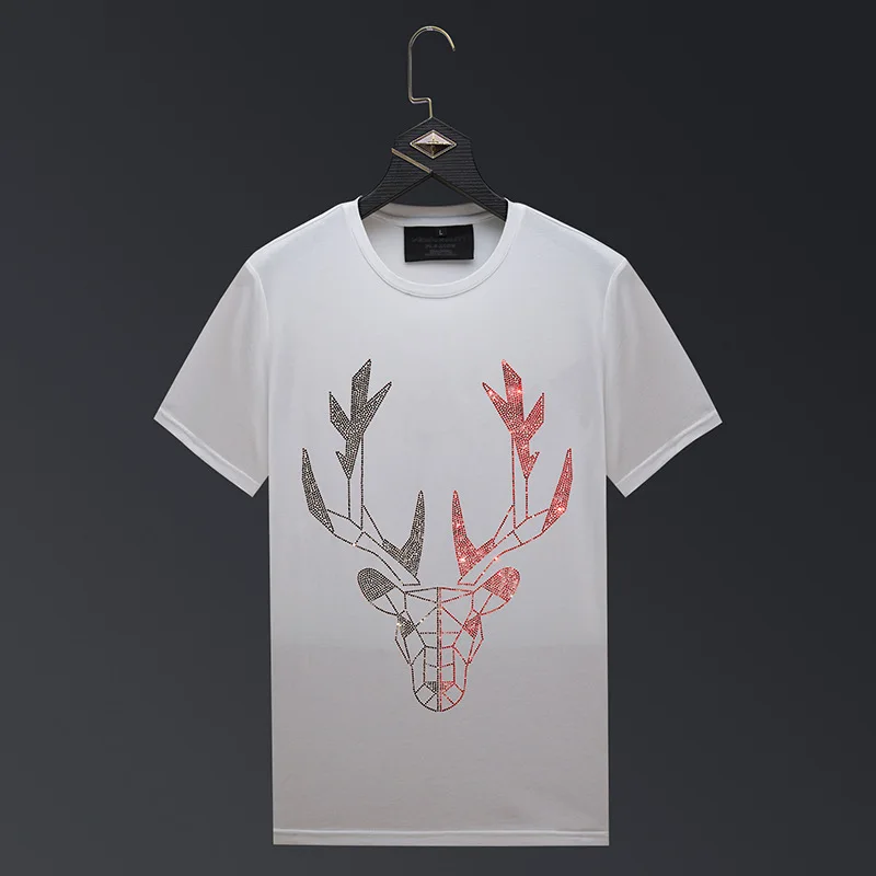 Plus Size 2024 Deer Rhinestones T Shirts Men Clothing Short Sleeve Summer Streetwear O Neck Slim Tshirts Camiseta Fashion Hombre